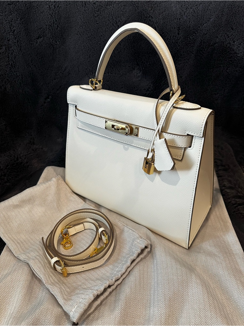 Leather Cream Structured Top-Handle Satchel with Gold Hardware